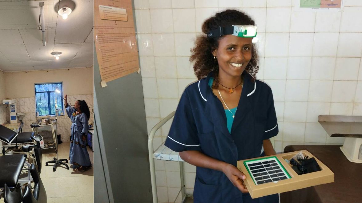 Left – New LED lighting system for examination and delivery rooms, with solar power that lasts longer and performs reliably in rural settings // Right – Headlamps with portable solar units provided to newly graduated midwives