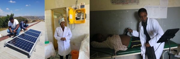 Left – Solar panels on health-centre roofs // Centre – GreenLamps’s yellow solar suitcases powering lights and equipment // Right – Portable ultrasound unit in use