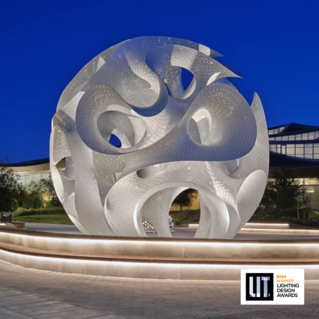 The Orb | Winners in Outdoor Light Art Installation⁠
⁠
Designed by Marc Fornes of The Very Many, The Orb is a striking 10-meter-tall pavilion at a tech campus in Mountain View, California. Made from a thin, self-supported aluminum shell, its intricate folds and perforations create a dynamic interplay of light and shadow.⁠
⁠
“The interplay of sunlight and LEDs brings out the unique textures and shapes, making The Orb a dynamic focal point both day and night.”⁠
⁠
Company: Lam Partners⁠
Lead Designer: Jamie Perry⁠
Other Designer's names: Jack Risser⁠
Architecture Company: The Very Many⁠
Photo Credits: Younes Bounhar / Doublespace⁠
⁠
📍 Location: Mountain View, California, USA⁠
⁠
Click the link in bio to learn more about The Orb. ⁠
⁠
#litlightingdesignawards #litdesignawards #litawards2024 #awardwinner #lightingaward #outdoor #artinstallation